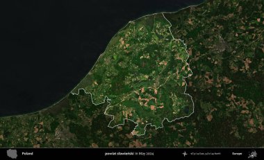 powiat slawienski. Polonya 'nın idari alanı, Mayıs 2024' te çekilen Kopernik Nöbetçi karolarından oluşan koyu renkli bir uydu görüntüsü üzerinde vurgulandı ve özetlendi.
