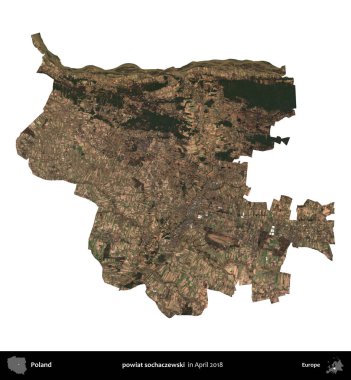 powiat sochaczewski. Polonya idari bölgesi, Nisan 2018 'de çekilen Kopernik Nöbetçi karolarından oluşan bir uydu görüntüsü üzerinde beyaza izole edildi.