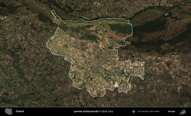 powiat sochaczewski. Polonya 'nın idari alanı, Nisan 2019' da çekilen Kopernik Nöbetçi karolarından oluşan koyu renkli bir uydu görüntüsü üzerine vurgulandı ve özetlendi.