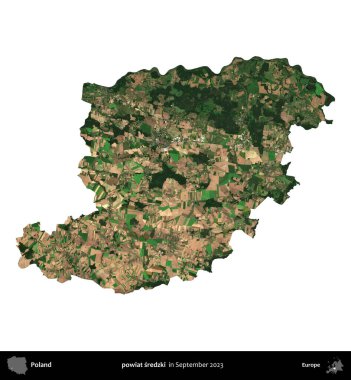 powiat sredzki. Polonya idari bölgesi, Eylül 2023 'te çekilen Kopernik Nöbetçi karolarından oluşan bir uydu görüntüsü üzerinde beyaza izole edildi.