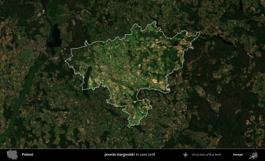 powiat stargardzki. Polonya 'nın idari alanı, Haziran 2018' de çekilen Kopernik Nöbetçi karolarından oluşan koyu renkli bir uydu görüntüsüyle vurgulandı ve özetlendi