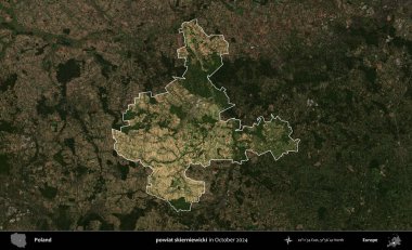 powiat skierniewicki. Polonya 'nın idari alanı, Ekim 2024' te çekilen Kopernik Nöbetçi karolarından oluşan koyu renkli bir uydu görüntüsü üzerine vurgulandı ve özetlendi
