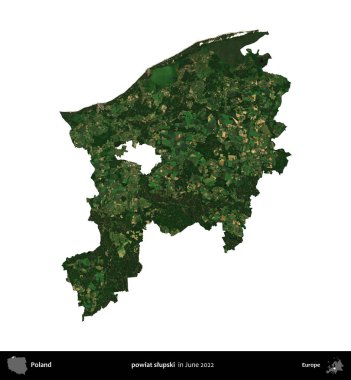 Powiat Slumpski. Polonya idari bölgesi, Haziran 2022 'de çekilen Kopernik Nöbetçi karolarından oluşan bir uydu görüntüsü üzerinde beyaza izole edildi.