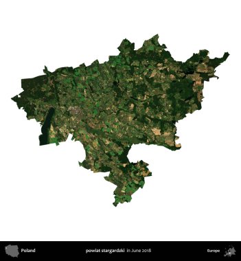 powiat stargardzki. Polonya idari bölgesi, Haziran 2018 'de çekilen Kopernik Nöbetçi karolarından oluşan bir uydu görüntüsü üzerinde beyaza izole edildi.
