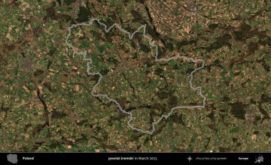 powiat sremski. Polonya 'nın idari bölgesinin ana hatları, Mart 2025' te çekilen Kopernik Nöbetçi karolarından oluşan bir uydu görüntüsü üzerine çizildi.