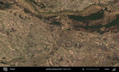 powiat sochaczewski. Nisan 2018 'de çekilen Kopernik Sentinel karolarından oluşan bir uydu görüntüsü üzerine Polonya' nın idari bölgesi