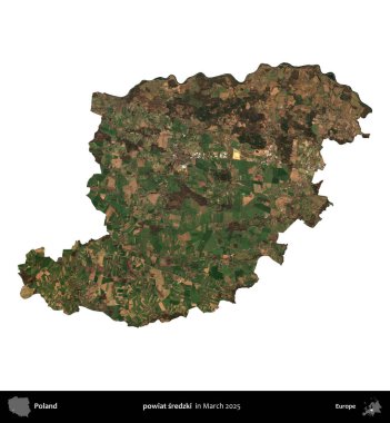 powiat sredzki. Polonya idari bölgesi, Mart 2025 'te çekilen Kopernik Nöbetçi karolarından oluşan bir uydu görüntüsü üzerinde beyaza izole edildi.