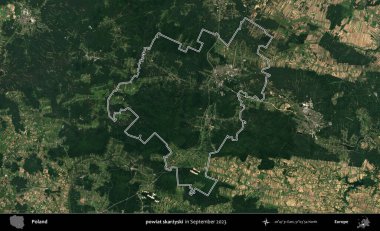 powiat skarzyski. Eylül 2023 'te çekilen Copernicus Sentinel karolarından oluşan bir uydu görüntüsü üzerine Polonya' nın idari bölgesinin ana hatlarını belirledik.