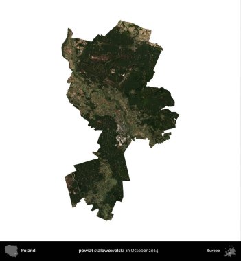 powiat stalowowolski. Polonya idari bölgesi, Ekim 2024 'te çekilen Kopernik Nöbetçi karolarından oluşan bir uydu görüntüsü üzerinde beyaza izole edildi.