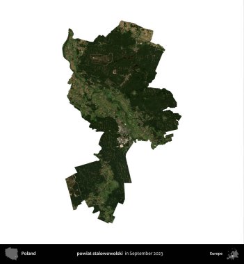 powiat stalowowolski. Polonya idari bölgesi, Eylül 2023 'te çekilen Kopernik Nöbetçi karolarından oluşan bir uydu görüntüsü üzerinde beyaza izole edildi.