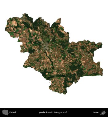 powiat sremski. Polonya idari bölgesi, Ağustos 2018 'de çekilen Kopernik Nöbetçi karolarından oluşan bir uydu görüntüsü üzerinde beyaza izole edildi.