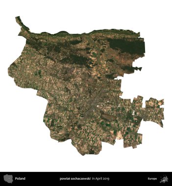 powiat sochaczewski. Polonya idari bölgesi, Nisan 2019 'da çekilen Kopernik Nöbetçi karolarından oluşan bir uydu görüntüsü üzerinde beyaza izole edildi.