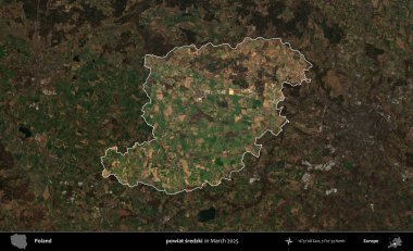 powiat sredzki. Polonya 'nın idari alanı, Mart 2025' te çekilen Kopernik Nöbetçi karolarından oluşan koyu renkli bir uydu görüntüsü üzerine vurgulandı ve özetlendi