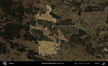 powiat starachowicki. Polonya 'nın idari alanı, Nisan 2020' de çekilen Kopernik Nöbetçi karolarından oluşan koyu renkli bir uydu görüntüsü üzerine vurgulandı ve özetlendi