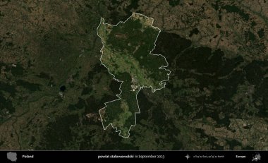 powiat stalowowolski. Polonya 'nın idari alanı, Eylül 2023' te çekilen Kopernik Nöbetçi karolarından oluşan koyu renkli bir uydu görüntüsü üzerine vurgulandı ve özetlendi.