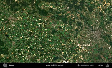powiat sredzki. Copernicus Sentinel 'in Haziran 2021' de çekilmiş uydu görüntüsü üzerine Polonya 'nın idari bölgesi