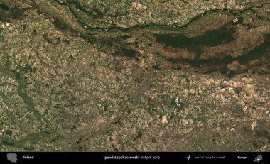 powiat sochaczewski. Nisan 2019 'da çekilen Kopernik Sentinel karolarından oluşan bir uydu görüntüsü üzerine Polonya' nın idari bölgesi