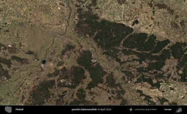 powiat stalowowolski. Nisan 2020 'de Copernicus Sentinel karolarından oluşan bir uydu görüntüsü üzerine Polonya' nın idari bölgesi