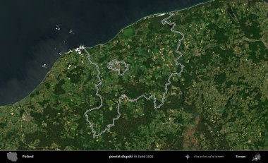 Powiat Slumpski. Polonya 'nın idari bölgesini Haziran 2022' de çekilen Kopernik Sentinel karolarından oluşan bir uydu görüntüsü ile özetledik.