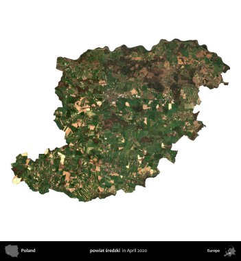 powiat sredzki. Polonya idari bölgesi, Nisan 2020 'de çekilen Kopernik Nöbetçi karolarından oluşan bir uydu görüntüsü üzerinde beyaza izole edildi.