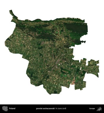 powiat sochaczewski. Polonya idari bölgesi, Haziran 2018 'de çekilen Kopernik Nöbetçi karolarından oluşan bir uydu görüntüsü üzerinde beyaza izole edildi.