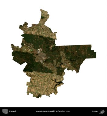 powiat starachowicki. Polonya idari bölgesi, Ekim 2021 'de çekilen Kopernik Nöbetçi karolarından oluşan bir uydu görüntüsü üzerinde beyaza izole edildi.