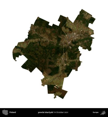 powiat skarzyski. Polonya idari bölgesi, Ekim 2021 'de çekilen Kopernik Nöbetçi karolarından oluşan bir uydu görüntüsü üzerinde beyaza izole edildi.