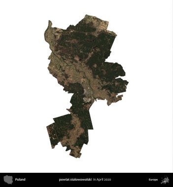 powiat stalowowolski. Polonya idari bölgesi, Nisan 2020 'de çekilen Kopernik Nöbetçi karolarından oluşan bir uydu görüntüsü üzerinde beyaza izole edildi.
