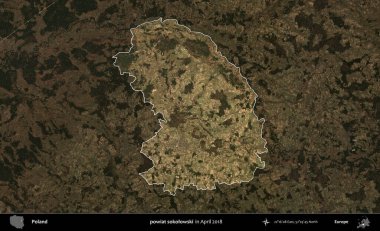 powiat sokolowski. Polonya 'nın idari alanı, Nisan 2018' de çekilen Kopernik Nöbetçi karolarından oluşan koyu renkli bir uydu görüntüsü üzerine vurgulandı ve özetlendi
