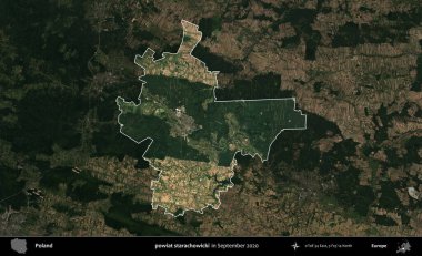 powiat starachowicki. Polonya 'nın idari alanı, Eylül 2020' de çekilen Kopernik Nöbetçi karolarından oluşan koyu renkli bir uydu görüntüsü üzerine vurgulandı ve özetlendi