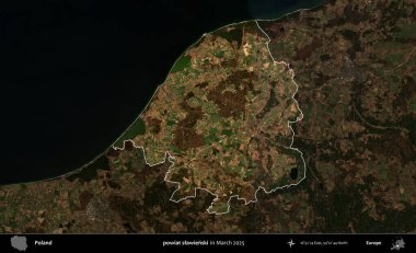 powiat slawienski. Polonya 'nın idari alanı, Mart 2025' te çekilen Kopernik Nöbetçi karolarından oluşan koyu renkli bir uydu görüntüsü üzerine vurgulandı ve özetlendi