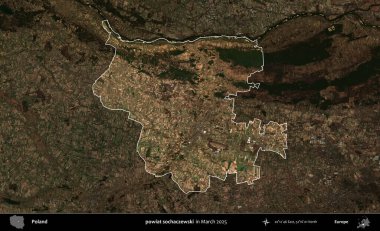 powiat sochaczewski. Polonya 'nın idari alanı, Mart 2025' te çekilen Kopernik Nöbetçi karolarından oluşan koyu renkli bir uydu görüntüsü üzerine vurgulandı ve özetlendi