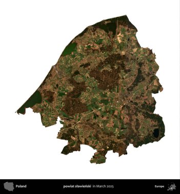 powiat slawienski. Polonya idari bölgesi, Mart 2025 'te çekilen Kopernik Nöbetçi karolarından oluşan bir uydu görüntüsü üzerinde beyaza izole edildi.