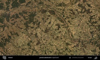 powiat sokolowski. Nisan 2018 'de çekilen Kopernik Sentinel karolarından oluşan bir uydu görüntüsü üzerine Polonya' nın idari bölgesi