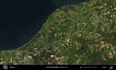 powiat slawienski. Copernicus Sentinel 'in Mayıs 2023' te çekilmiş uydu görüntüsü üzerine Polonya 'nın idari bölgesi.