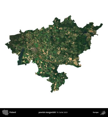 powiat stargardzki. Polonya idari bölgesi, Haziran 2021 'de çekilen Kopernik Nöbetçi karolarından oluşan bir uydu görüntüsü üzerinde beyaza izole edildi.