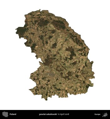 powiat sokolowski. Polonya idari bölgesi, Nisan 2018 'de çekilen Kopernik Nöbetçi karolarından oluşan bir uydu görüntüsü üzerinde beyaza izole edildi.
