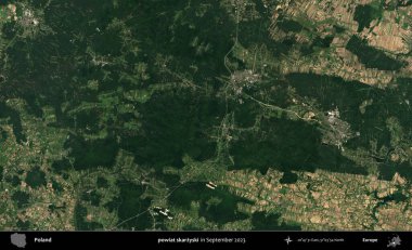 powiat skarzyski. Eylül 2023 'te Copernicus Sentinel karolarından oluşan uydu görüntüsü üzerine Polonya' nın idari bölgesi