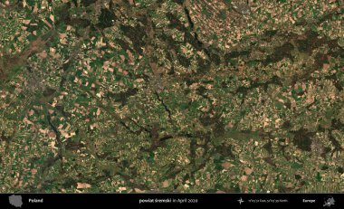 powiat sremski. Nisan 2020 'de Copernicus Sentinel karolarından oluşan bir uydu görüntüsü üzerine Polonya' nın idari bölgesi