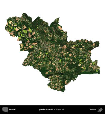 powiat sremski. Polonya 'nın idari bölgesi, Mayıs 2018' de çekilen Kopernik Nöbetçi Fayanslarından oluşan bir uydu görüntüsü üzerinde beyaza izole edildi.