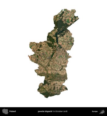 powiat slupecki. Polonya idari bölgesi, Ekim 2018 'de çekilen Kopernik Nöbetçi karolarından oluşan bir uydu görüntüsü üzerinde beyaza izole edildi.