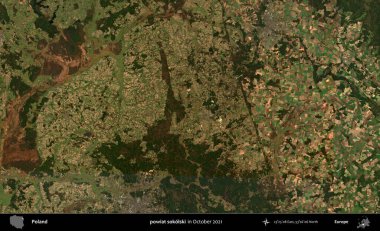 powiat sokolski. Polonya 'nın idari bölgesi, Ekim 2021' de çekilen Kopernik Sentinel karolarından oluşan bir uydu görüntüsü üzerine kurulmuştur.