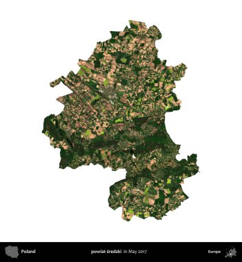 powiat sredzki. Polonya idari bölgesi, Mayıs 2017 'de çekilen Kopernik Nöbetçi karolarından oluşan bir uydu görüntüsü üzerinde beyaza izole edildi.