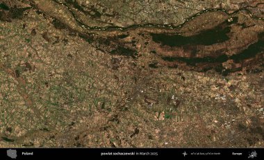 powiat sochaczewski. Copernicus Sentinel 'in Mart 2025' te çekilmiş uydu görüntüsü üzerine Polonya 'nın idari bölgesi