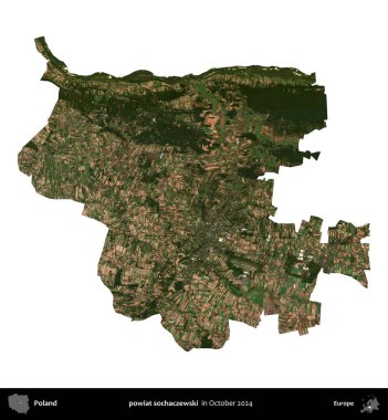 powiat sochaczewski. Polonya idari bölgesi, Ekim 2024 'te çekilen Kopernik Nöbetçi karolarından oluşan bir uydu görüntüsü üzerinde beyaza izole edildi.