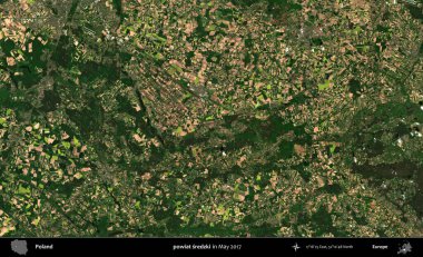 powiat sredzki. Copernicus Sentinel 'in Mayıs 2017' de çekilmiş uydu görüntüsü üzerine Polonya 'nın idari bölgesi.