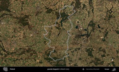 powiat slupecki. Polonya 'nın idari bölgesinin ana hatları, Mart 2025' te çekilen Kopernik Nöbetçi karolarından oluşan bir uydu görüntüsü üzerine çizildi.