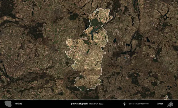 powiat slupecki. Polonya 'nın idari alanı, Mart 2022' de çekilen Kopernik Nöbetçi karolarından oluşan koyu renkli bir uydu görüntüsü üzerine vurgulandı ve özetlendi.