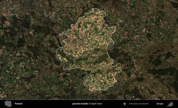 powiat sredzki. Polonya 'nın idari alanı, Nisan 2020' de çekilen Kopernik Nöbetçi karolarından oluşan koyu renkli bir uydu görüntüsü üzerine vurgulandı ve özetlendi