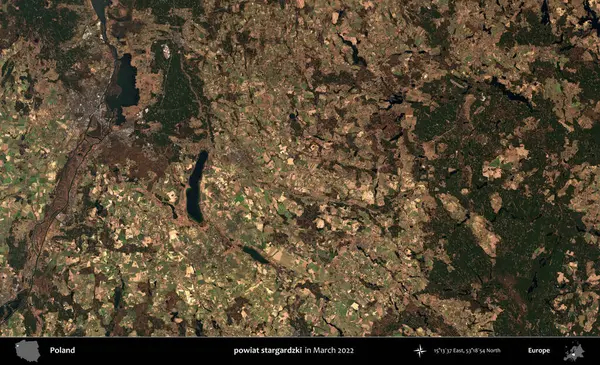 powiat stargardzki. Copernicus Sentinel 'in Mart 2022' de çekilmiş uydu görüntüsü üzerine Polonya 'nın idari bölgesi.